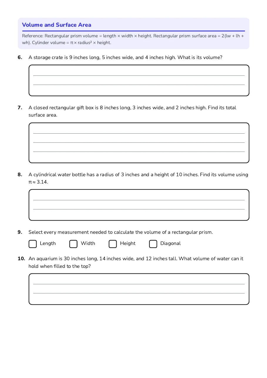 Formula Fun Worksheet, page 2 of 3: Volume and Surface Area