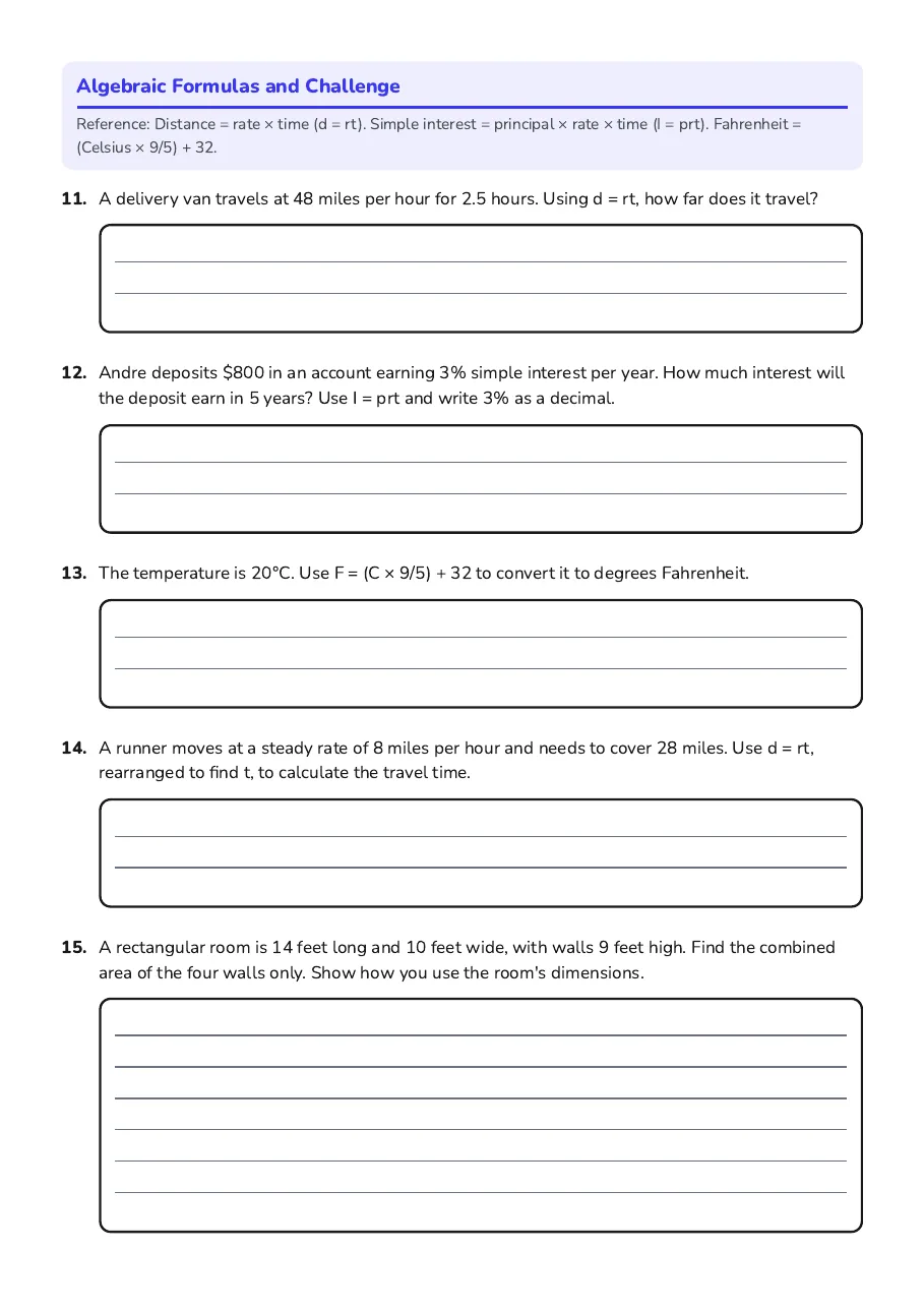 Formula Fun Worksheet, page 3 of 3: Algebraic Formulas and Challenge