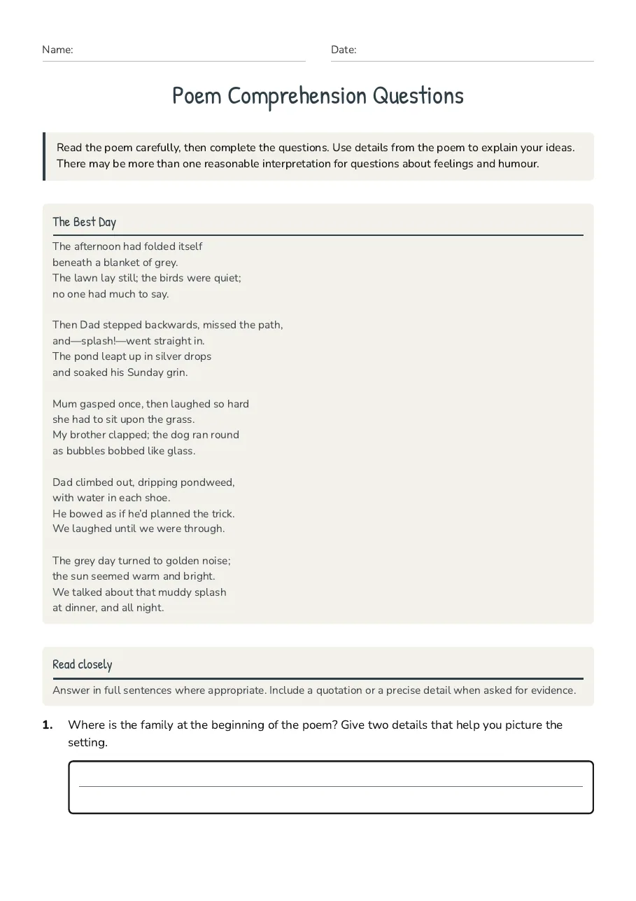 Poem Comprehension Questions, page 1 of 3: The Best Day, Read closely