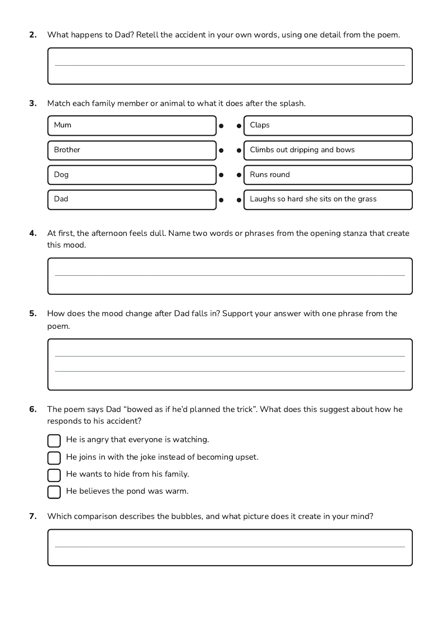 Poem Comprehension Questions, page 2 of 3: 2. What happens to Dad? Retell the accident in your own words, using one detail from the…