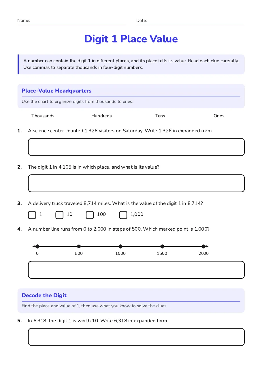 Digit 1 Place Value, page 1 of 2: Place-Value Headquarters, Decode the Digit