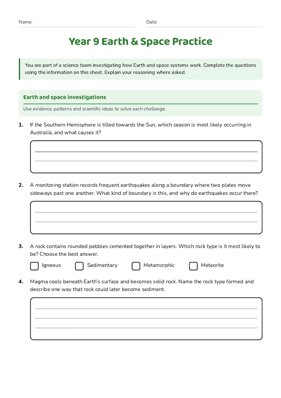 Year 9 Earth & Space Practice, page 1 of 2: Earth and space investigations