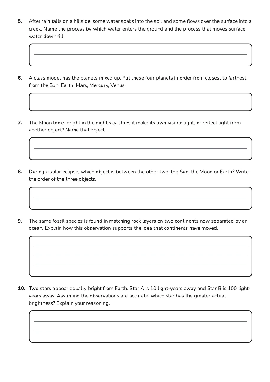 Year 9 Earth & Space Practice, page 2 of 2: 5. After rain falls on a hillside, some water soaks into the soil and some flows over the…