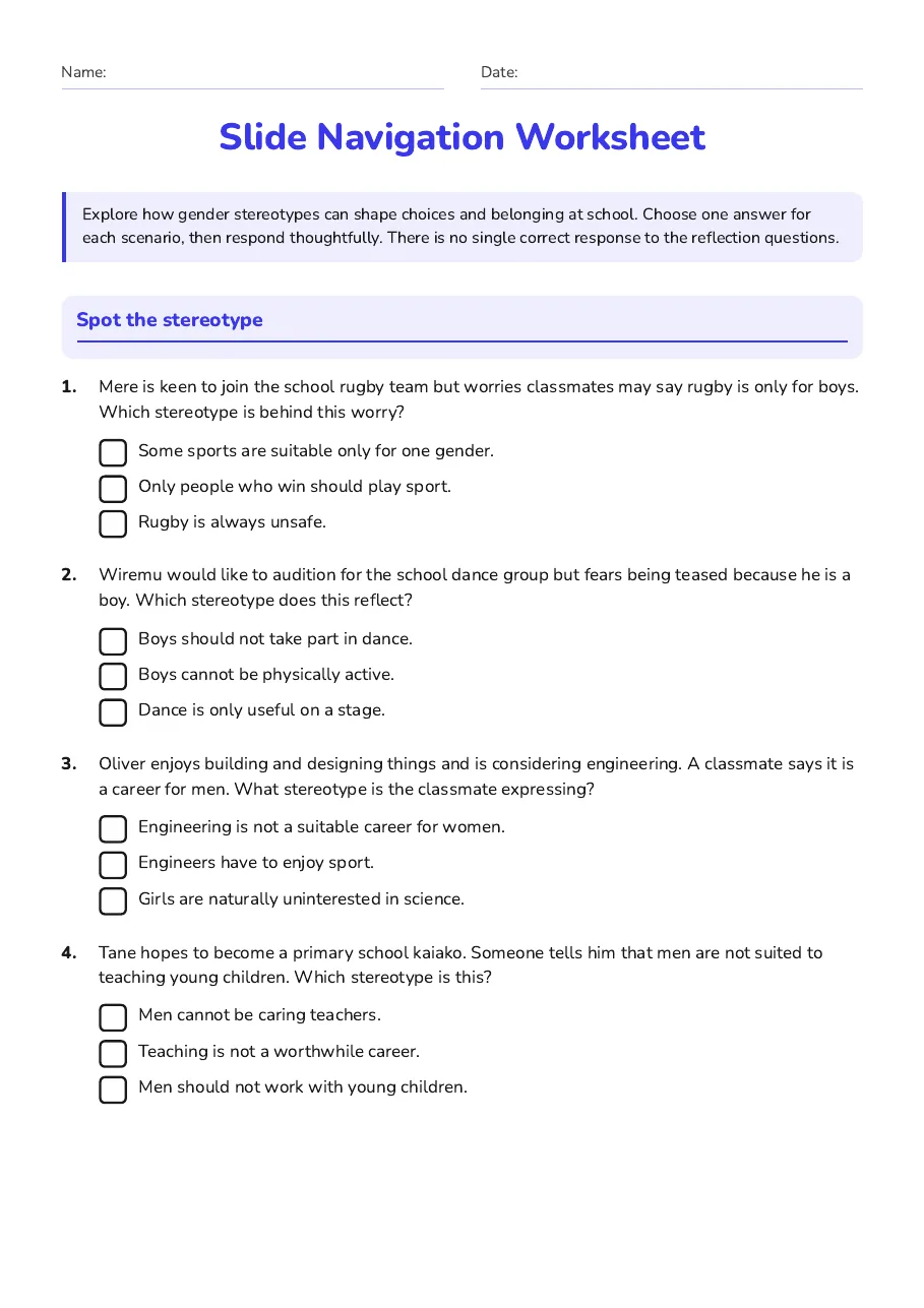 Slide Navigation Worksheet, page 1 of 3: Spot the stereotype