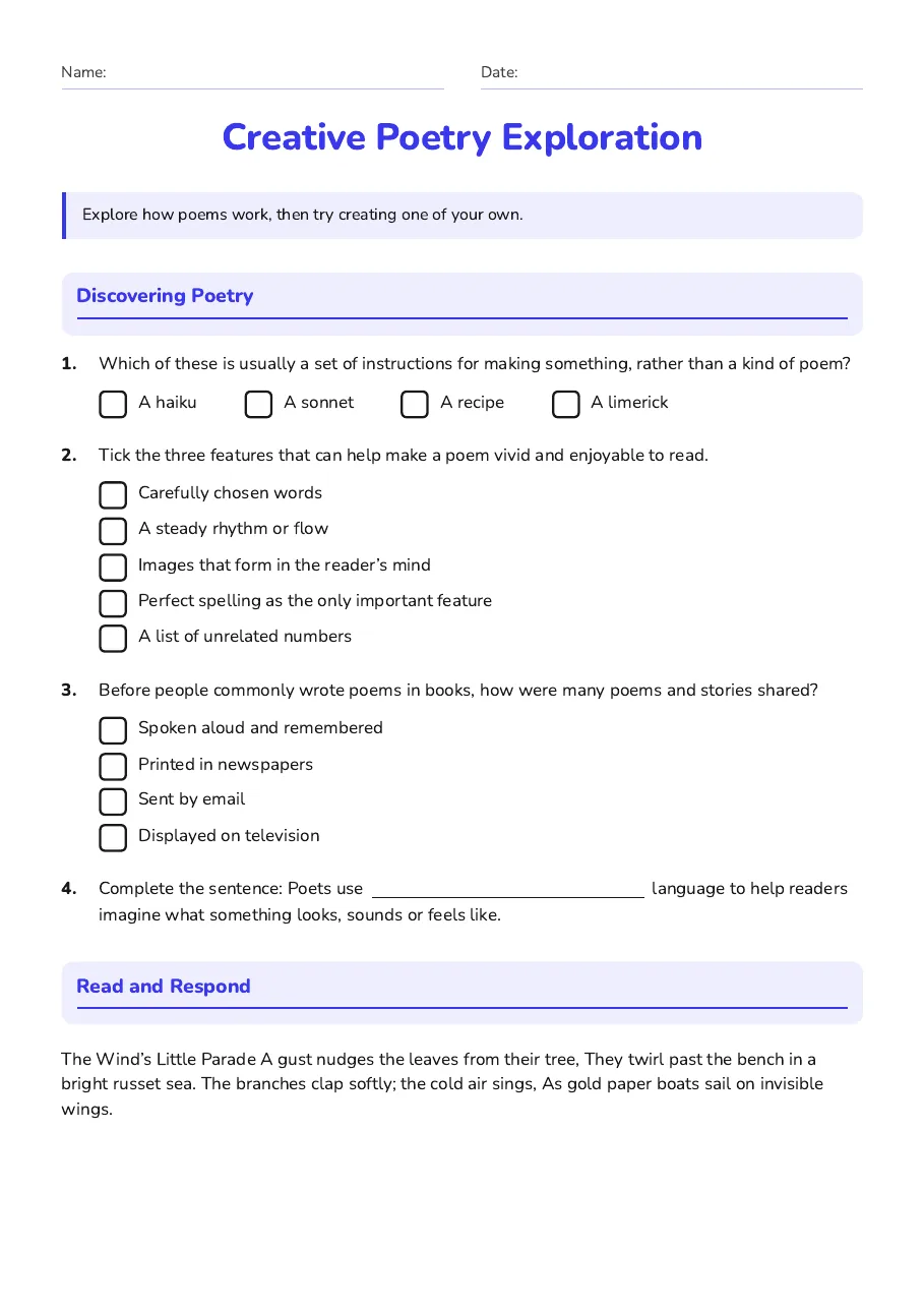Creative Poetry Exploration, page 1 of 3: Discovering Poetry, Read and Respond