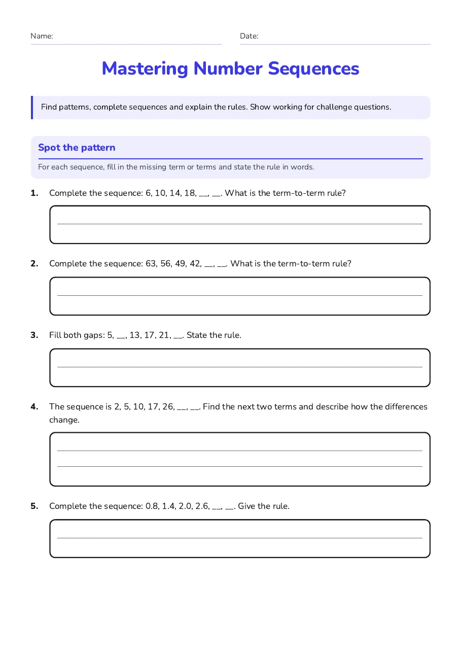 Mastering Number Sequences, page 1 of 4: Spot the pattern