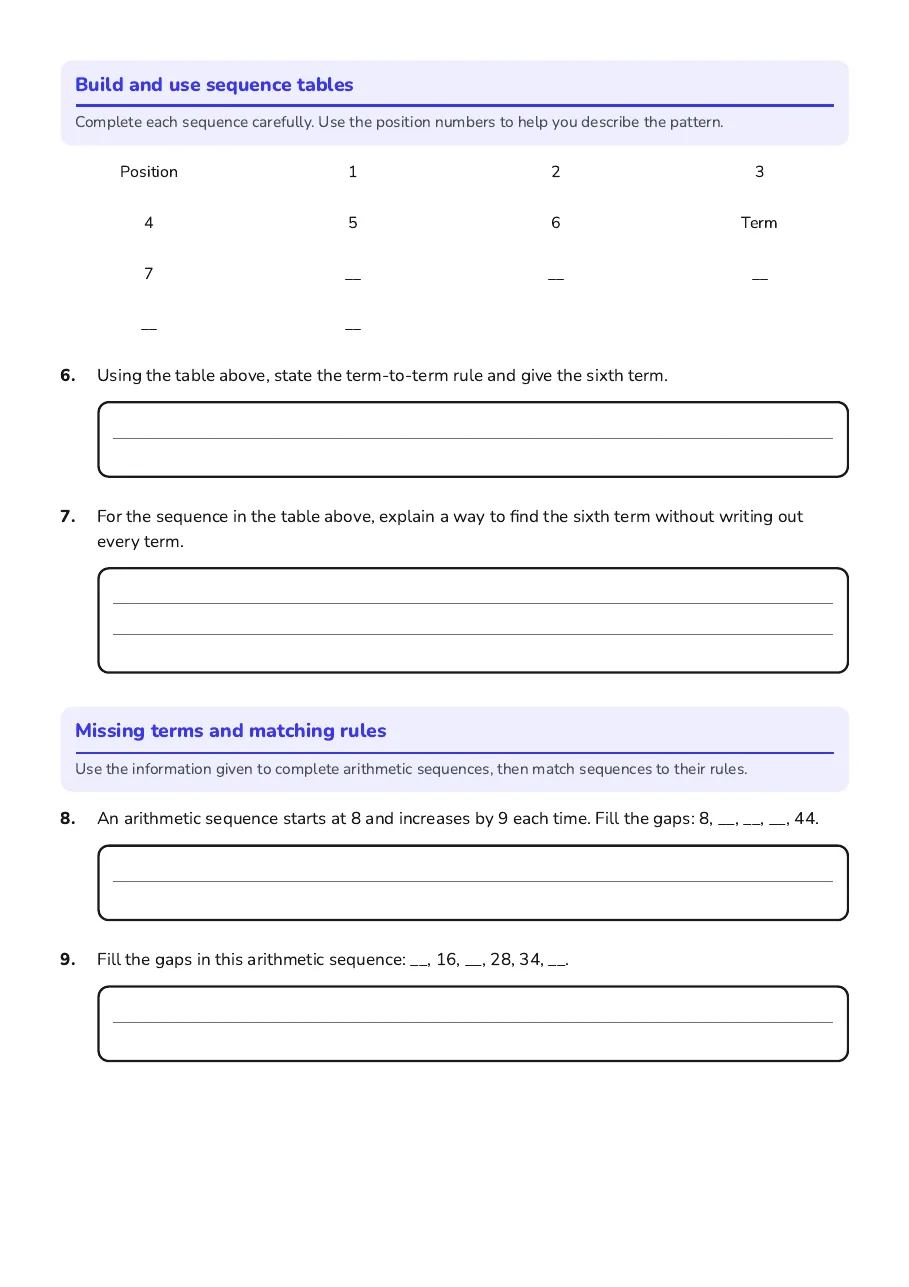 Mastering Number Sequences, page 2 of 4: Build and use sequence tables, Missing terms and matching rules