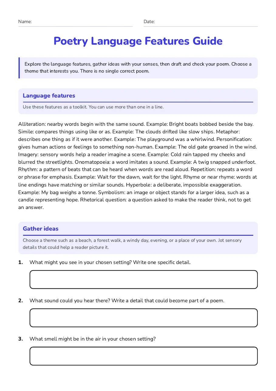 Poetry language feature bank with an illustrated notebook and examples of imagery, metaphor and sound devices.