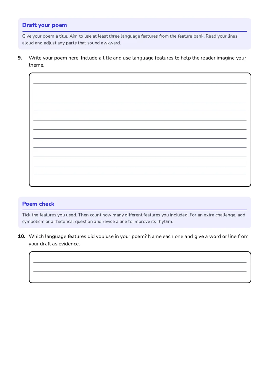 Poem drafting and self-check page for identifying language features and revising for rhythm.
