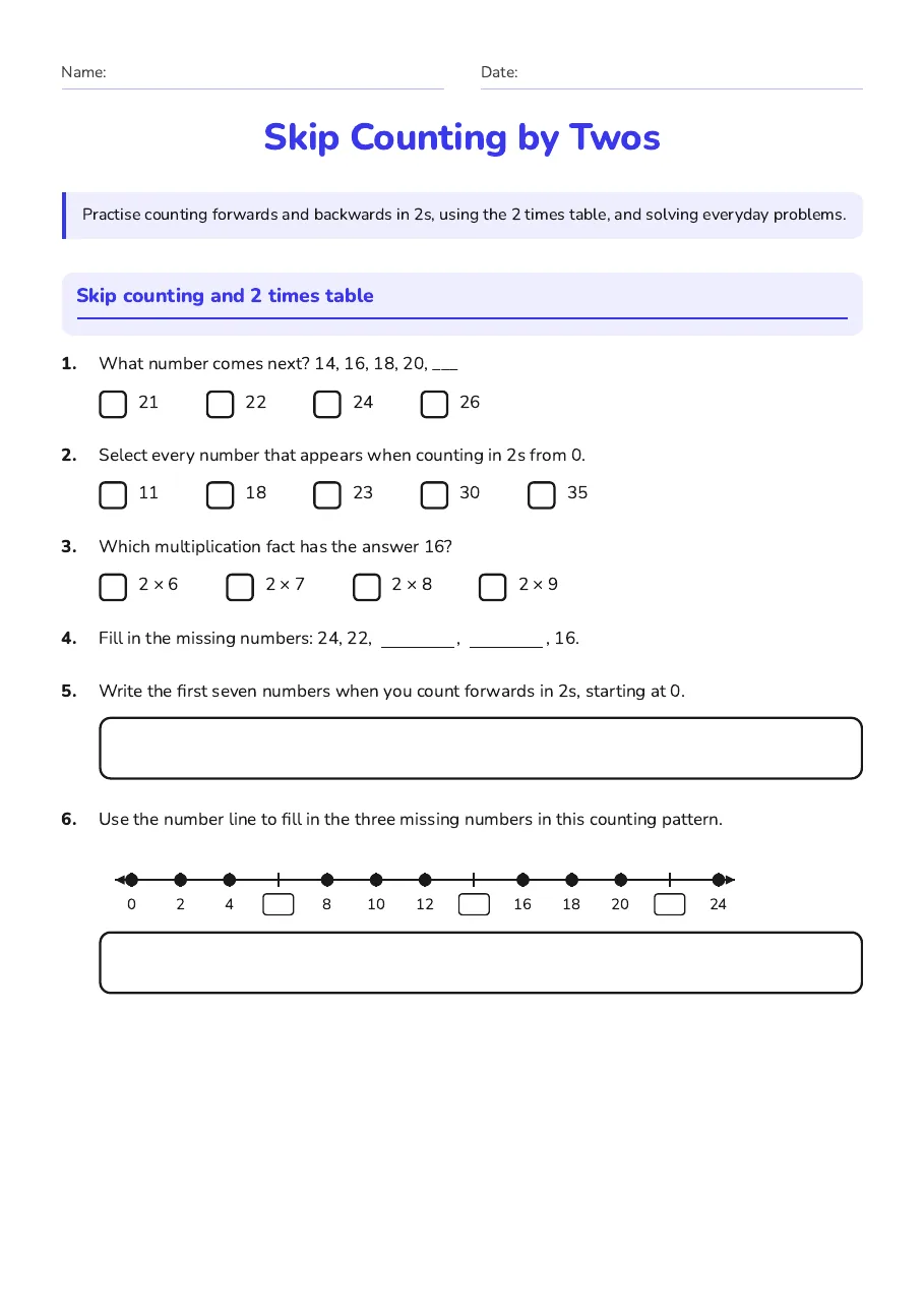 Skip counting forwards and backwards in twos, completing a number line, and matching 2 times table facts.