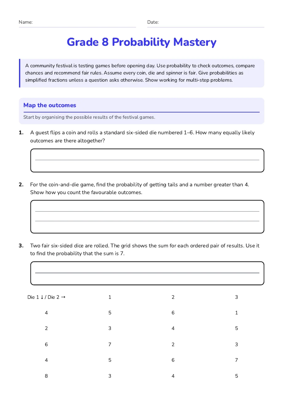 Grade 8 Probability Mastery, page 1 of 4: Map the outcomes