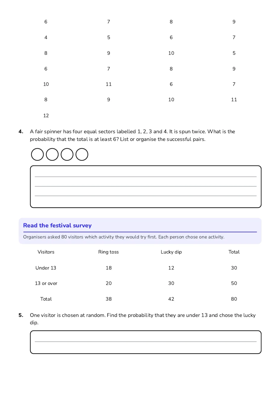 Grade 8 Probability Mastery, page 2 of 4: Read the festival survey