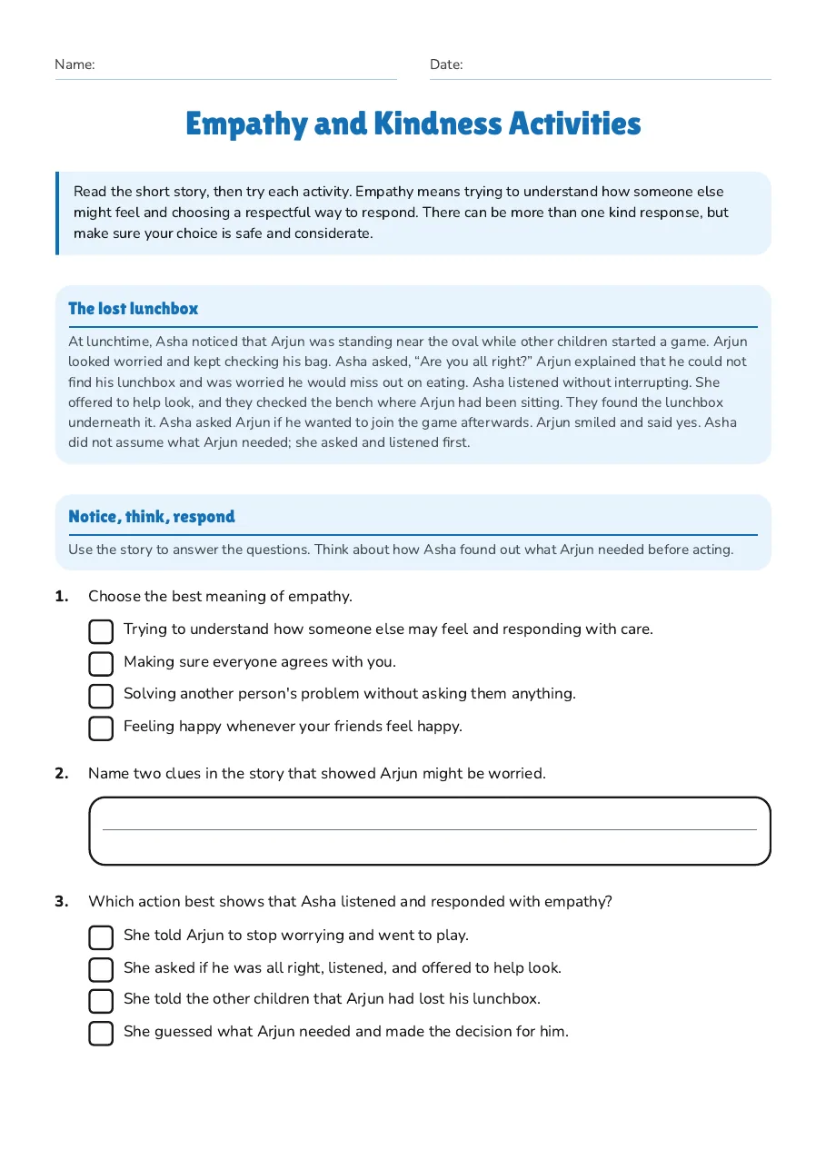 Empathy and Kindness Activities, page 1 of 3: The lost lunchbox, Notice, think, respond