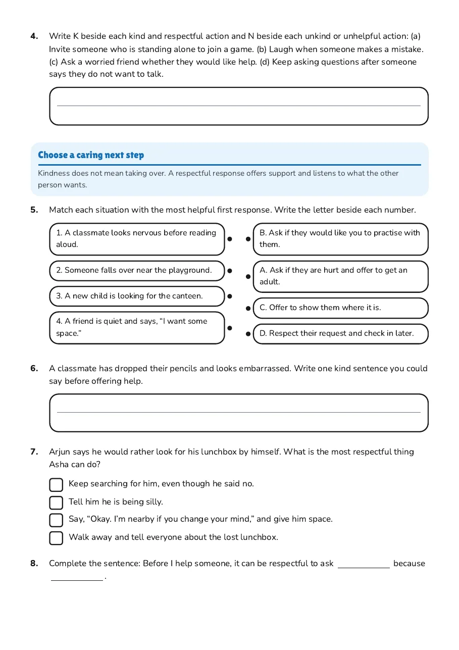 Empathy and Kindness Activities, page 2 of 3: Choose a caring next step