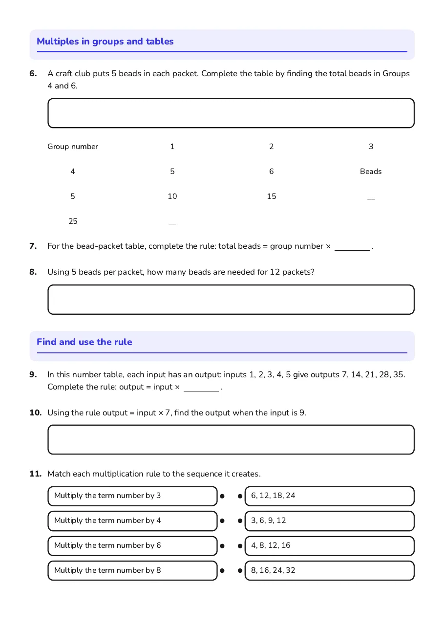 Multiples Pattern Exploration, page 2 of 3: Multiples in groups and tables, Find and use the rule
