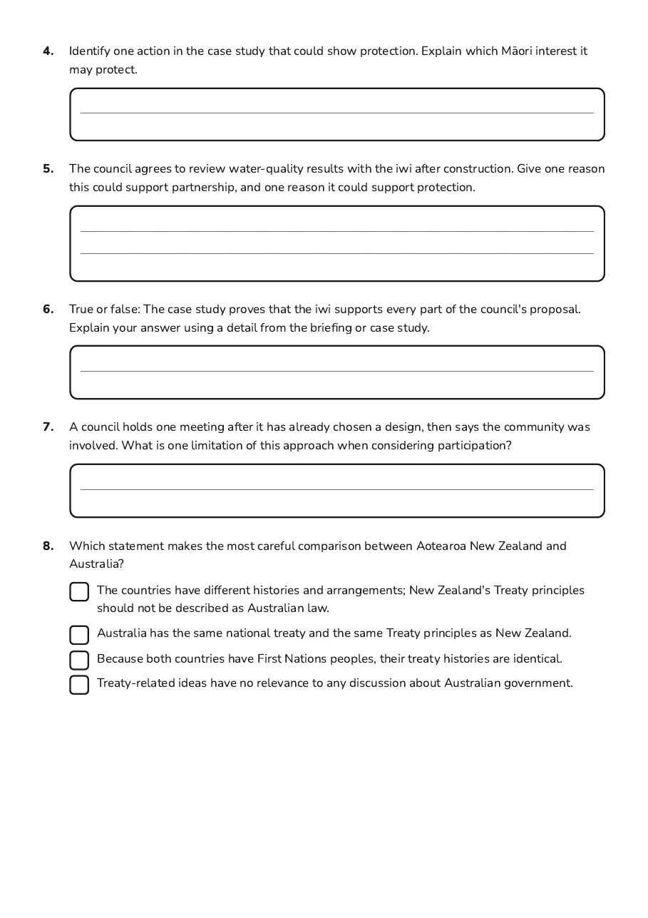 Treaty Principles Today, page 3 of 4: 4. Identify one action in the case study that could show protection. Explain which Mā ori…