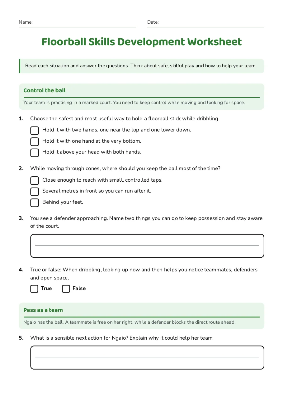 Floorball Skills Development Worksheet, page 1 of 3: Control the ball, Pass as a team