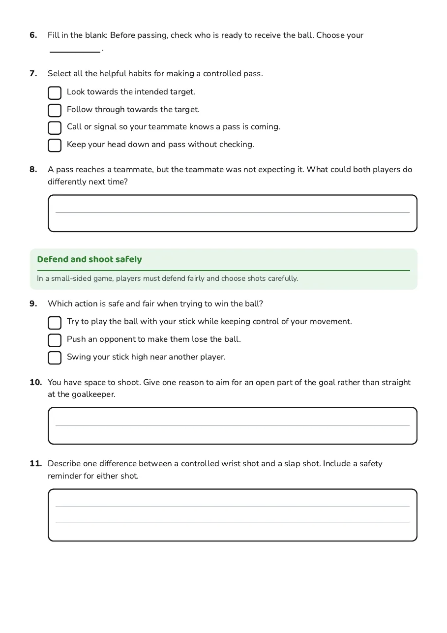 Floorball Skills Development Worksheet, page 2 of 3: Defend and shoot safely