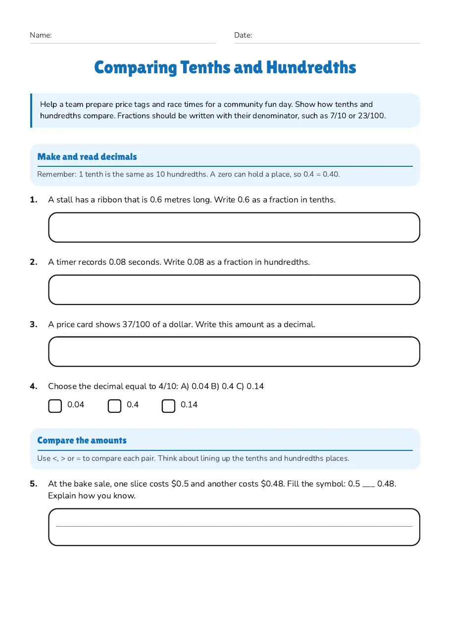 Comparing Tenths and Hundredths, page 1 of 2: Make and read decimals, Compare the amounts