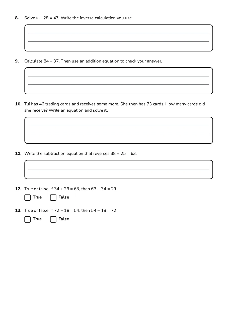 Year 4 inverse operations practice: solve and check addition and subtraction calculations, equations, and a trading-card word problem.