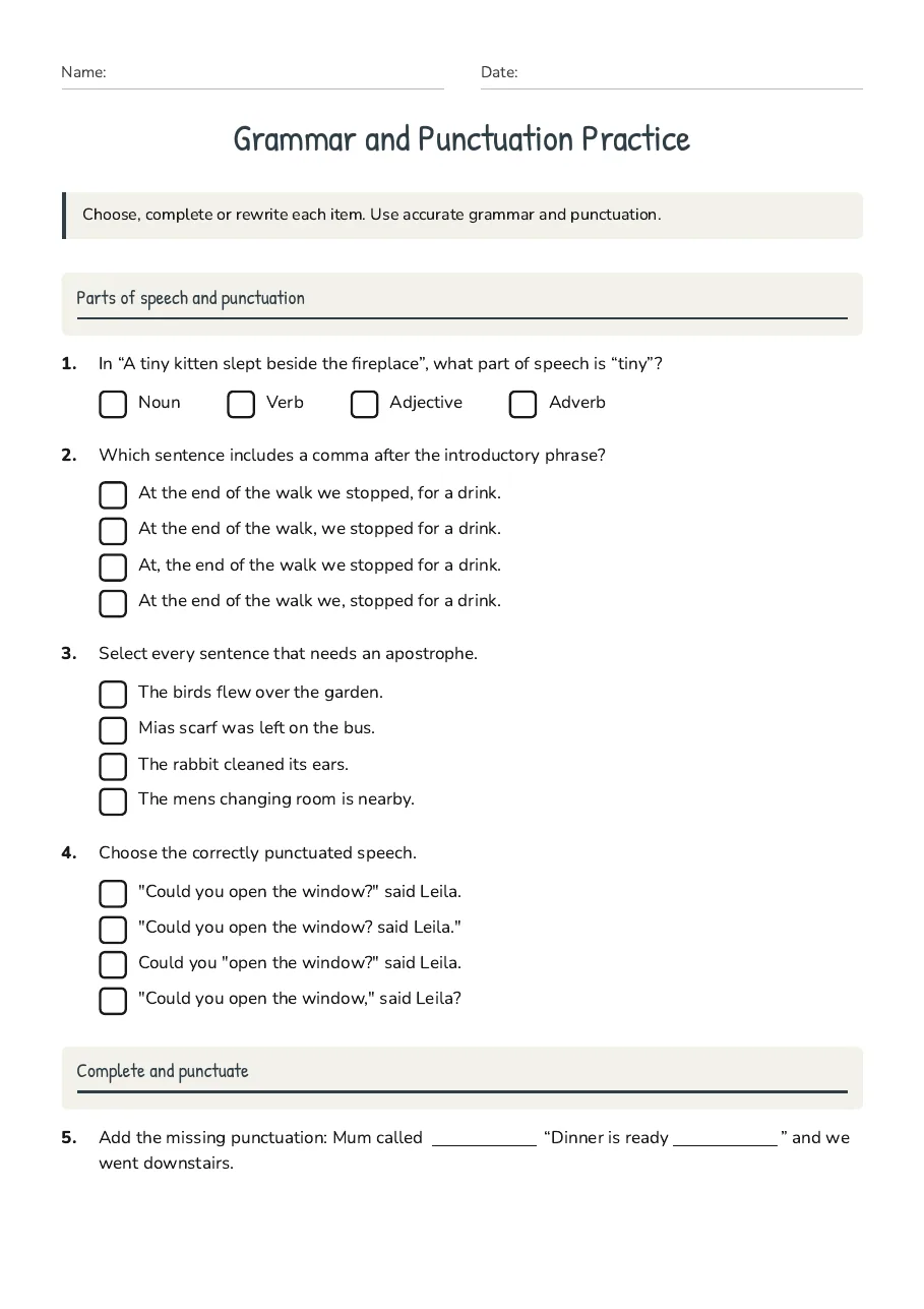 Grammar and Punctuation Practice, page 1 of 2: Parts of speech and punctuation, Complete and punctuate