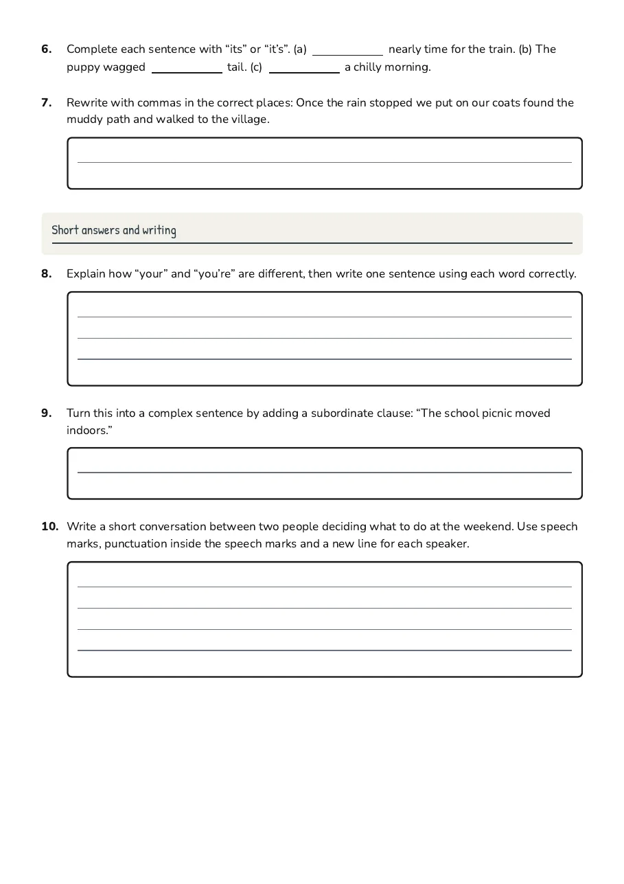 Grammar and Punctuation Practice, page 2 of 2: Short answers and writing