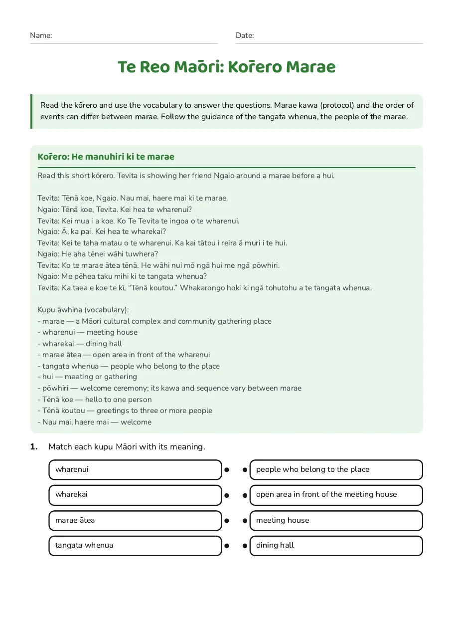 Te Reo Māori: Kōrero Marae, page 1 of 3: Kōrero: He manuhiri ki te marae