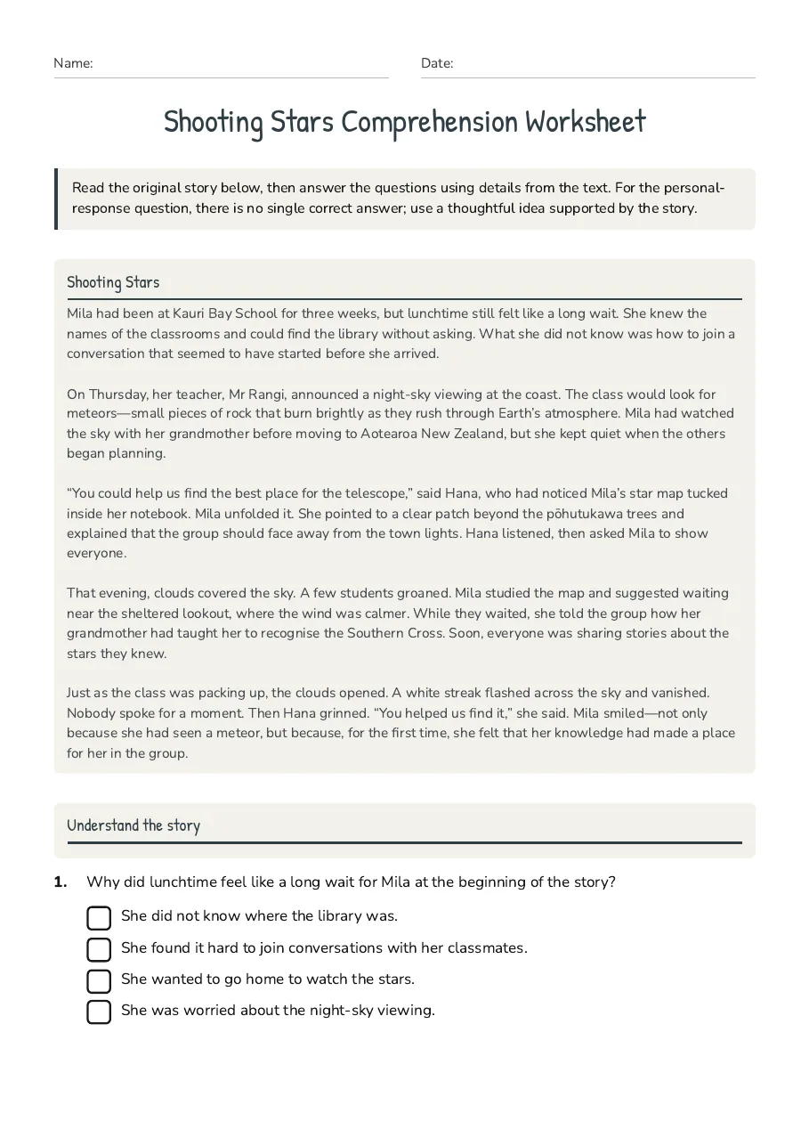 Shooting Stars Comprehension Worksheet, page 1 of 3: Shooting Stars, Understand the story