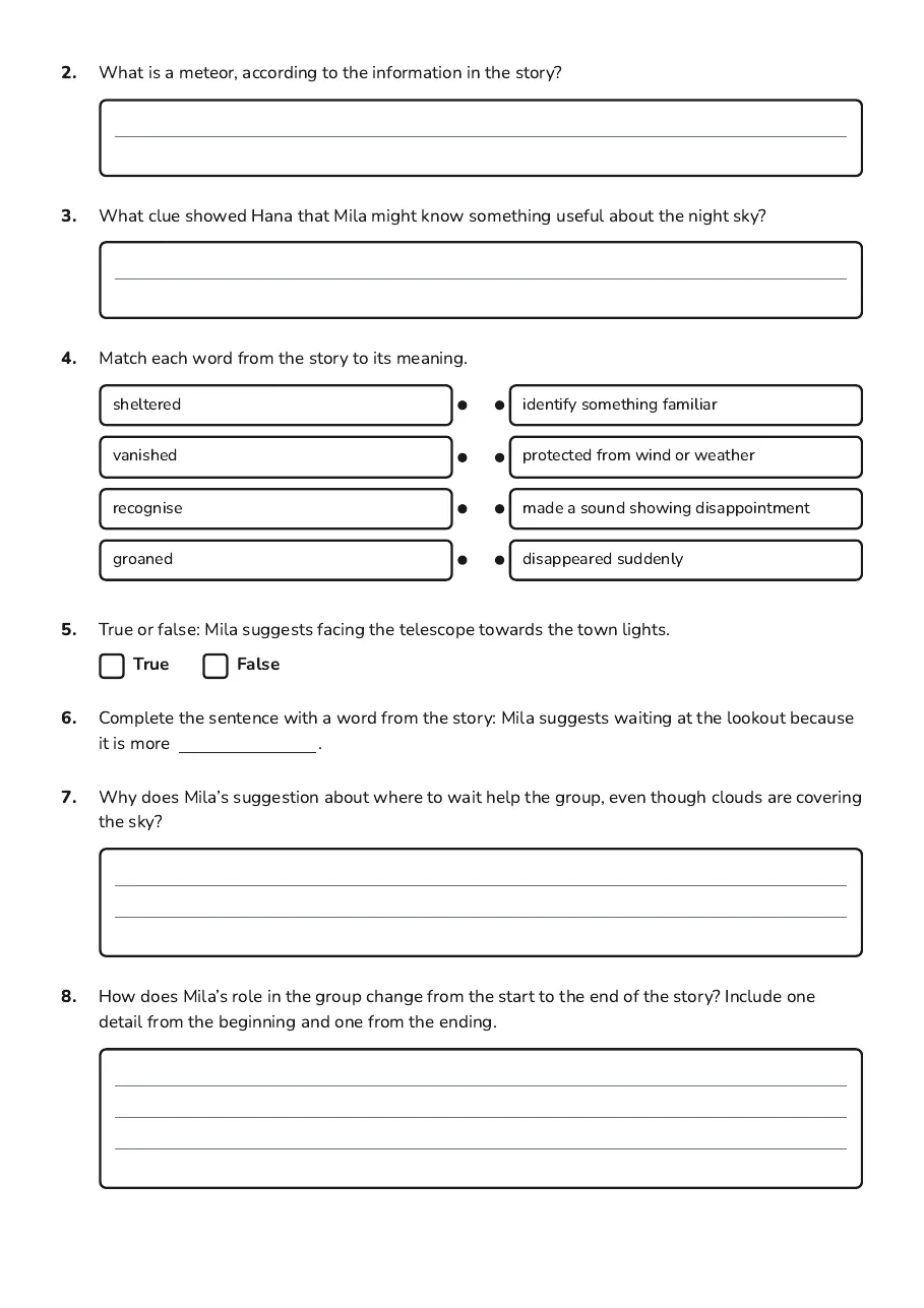 Shooting Stars Comprehension Worksheet, page 2 of 3: 2. What is a meteor, according to the information in the story?