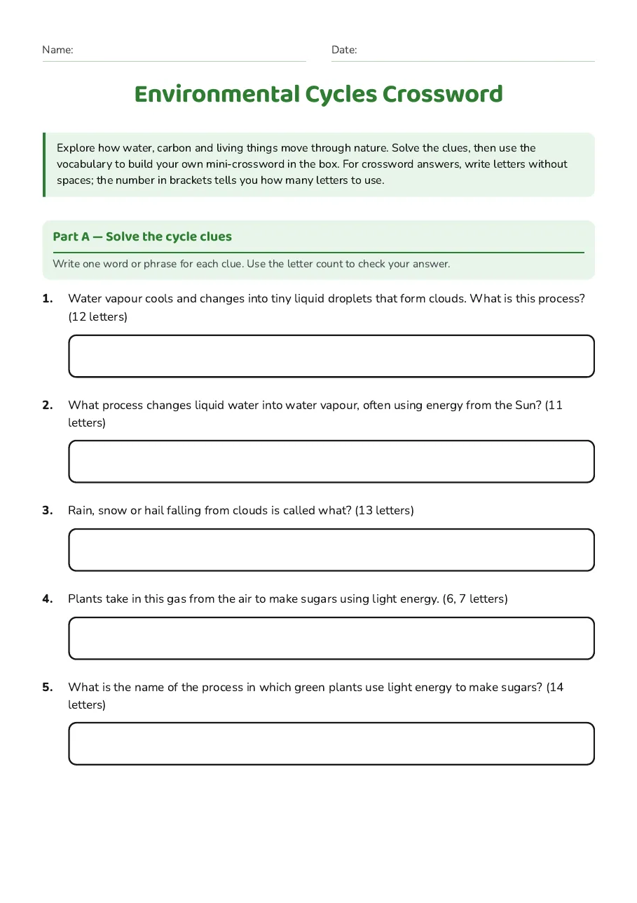 Environmental Cycles Crossword, page 1 of 3: Part A — Solve the cycle clues