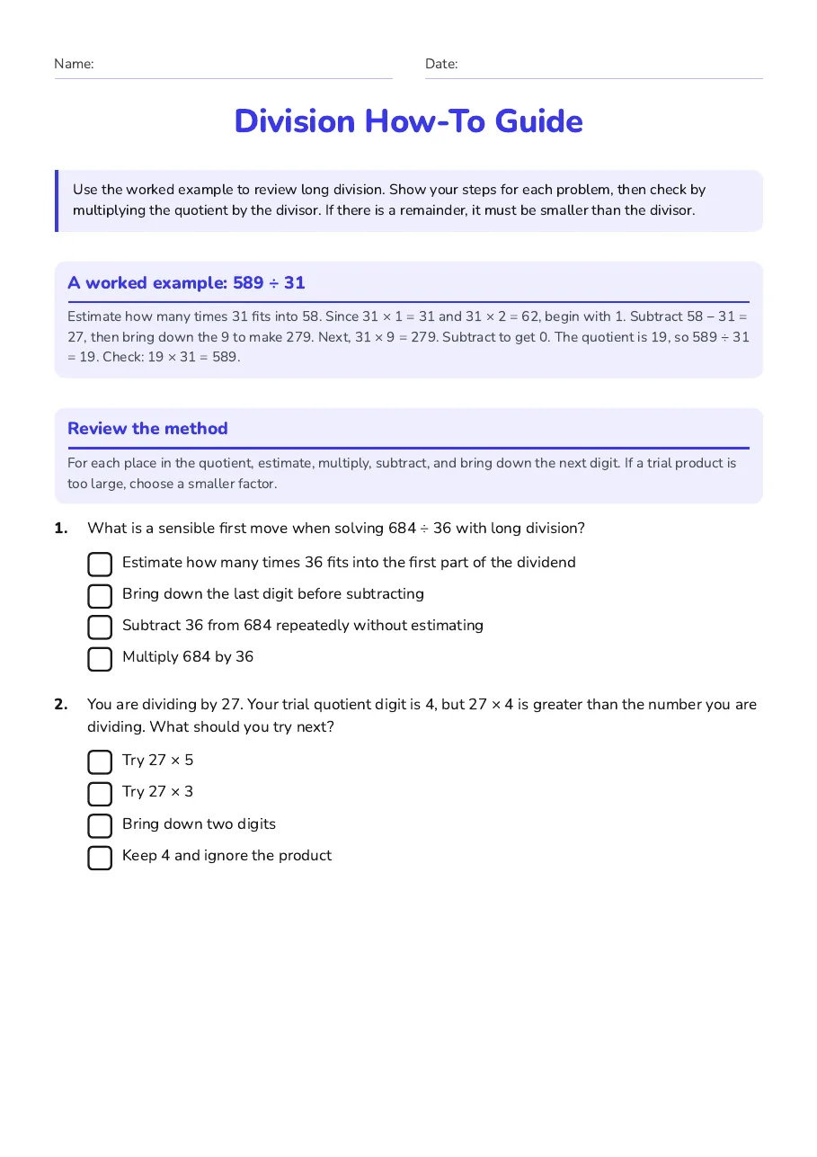 Division How-To Guide, page 1 of 3: A worked example: 589 ÷ 31, Review the method