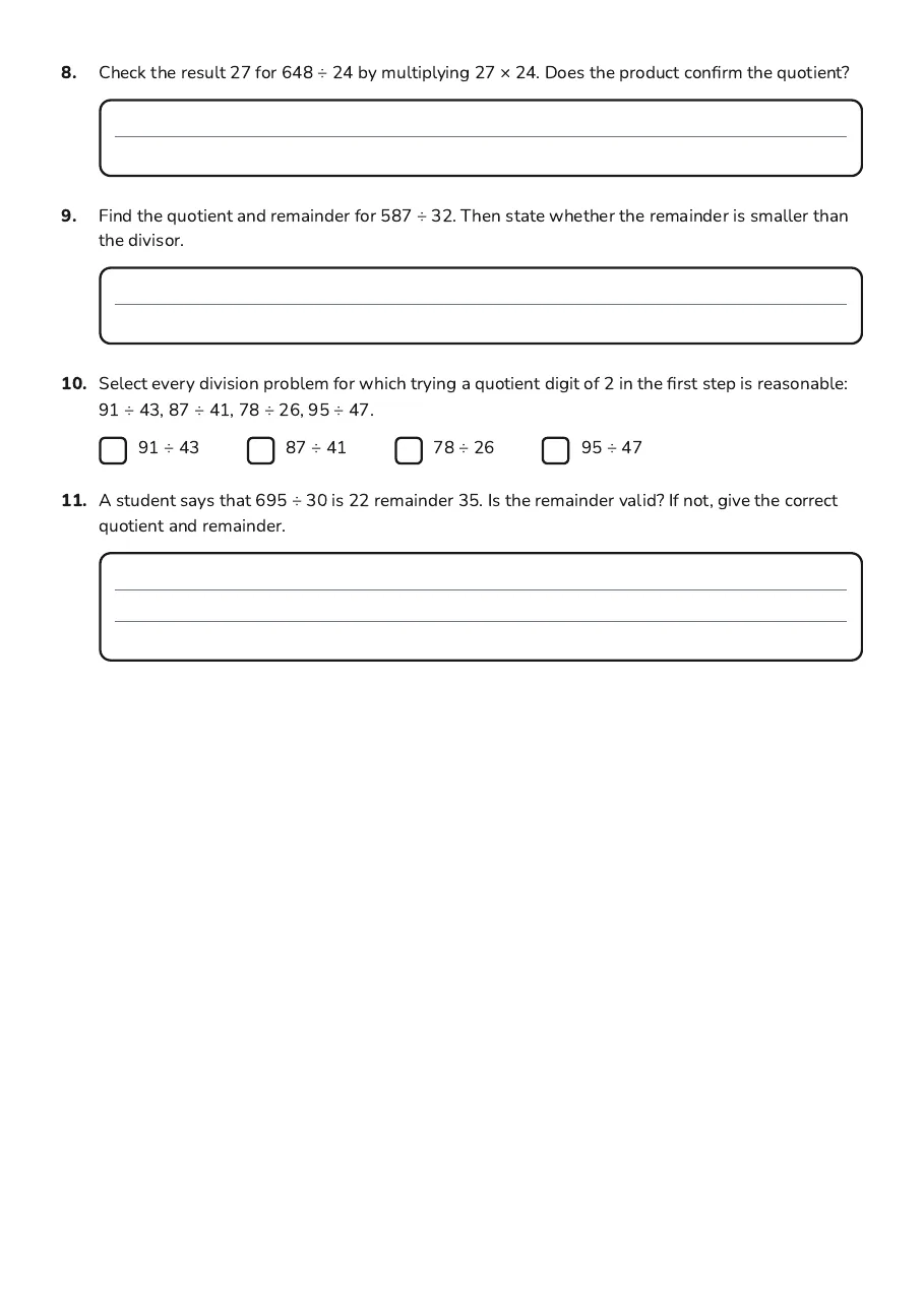 Division How-To Guide, page 3 of 3: 8. Check the result 27 for 648 ÷ 24 by multiplying 27 × 24. Does the product confirm the…
