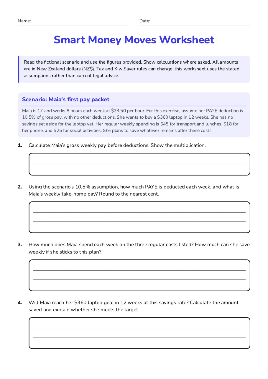Smart Money Moves Worksheet, page 1 of 3: Scenario: Maia’s first pay packet