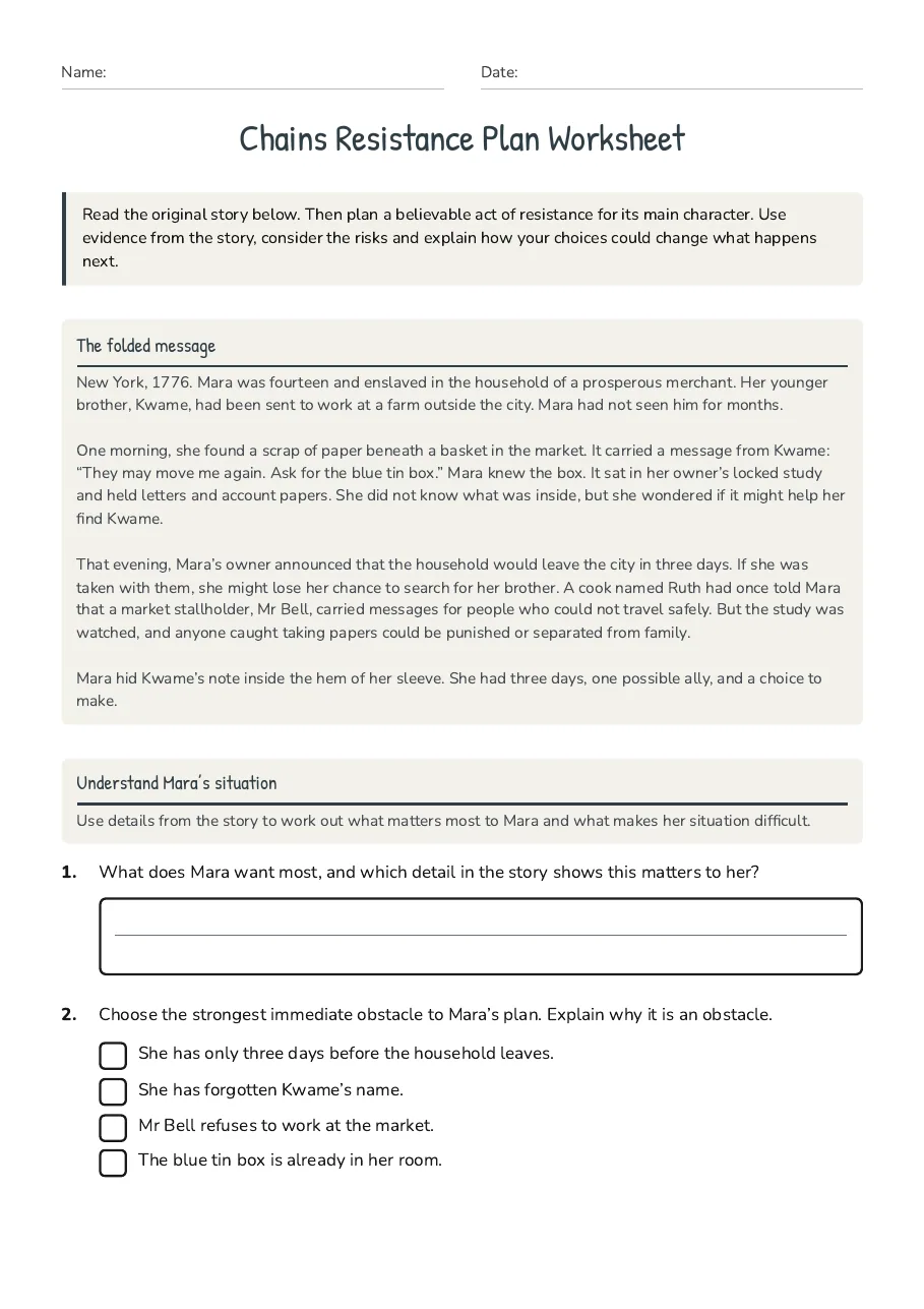 Chains Resistance Plan Worksheet, page 1 of 3: The folded message, Understand Mara’s situation