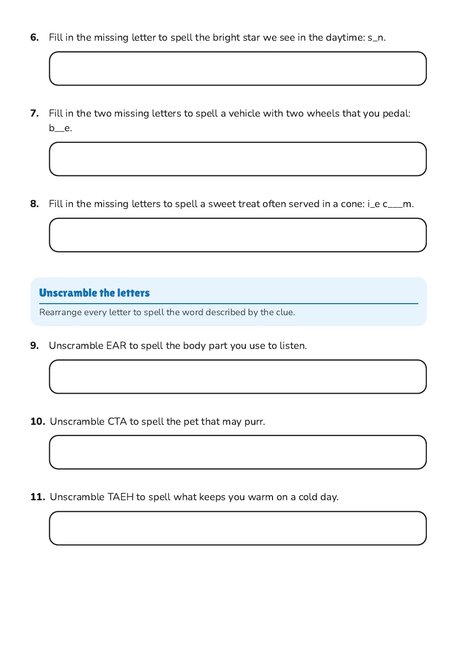Grade 2 Spelling Quiz, page 2 of 3: Unscramble the letters