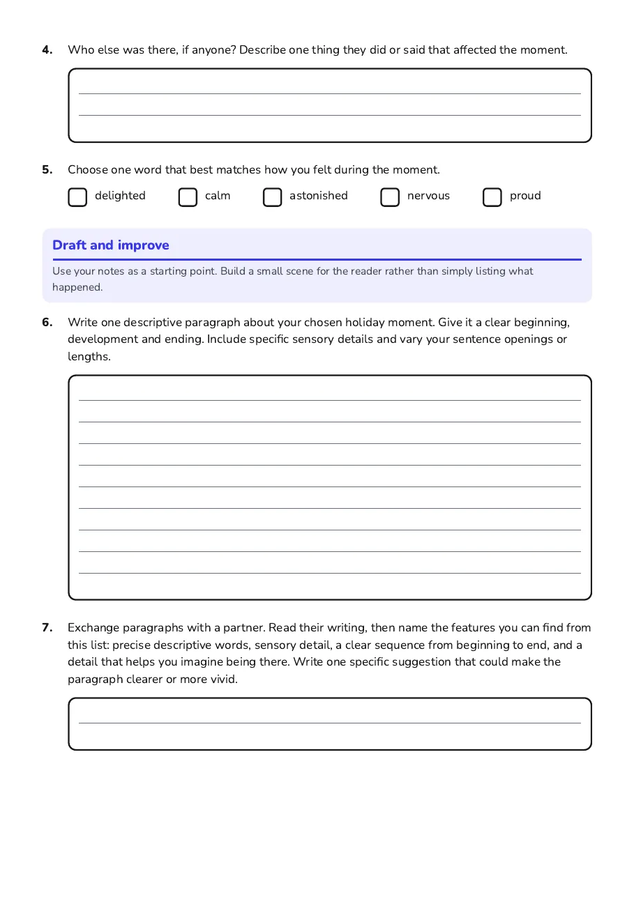 Holiday Moment Writing, page 2 of 3: Draft and improve