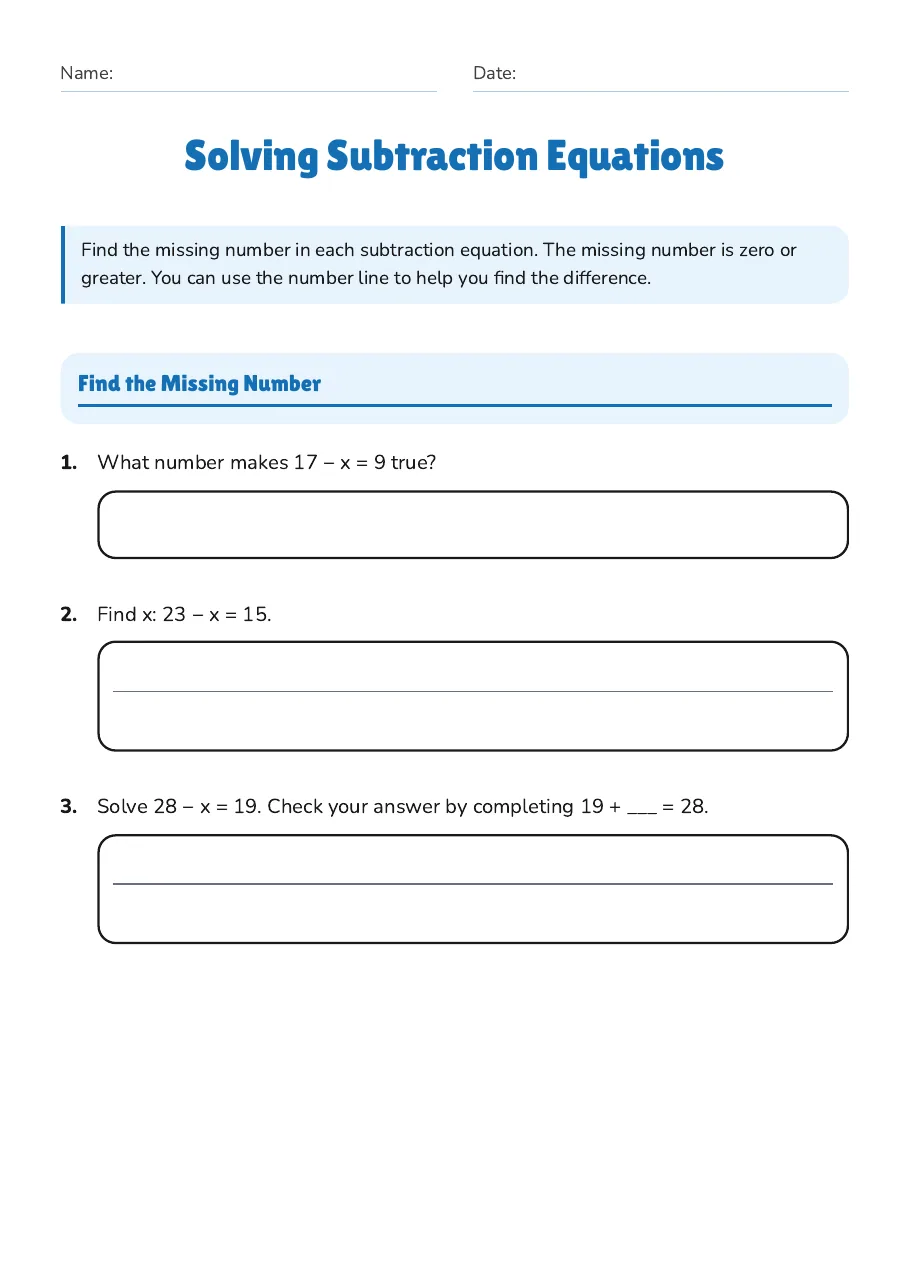 Solving Subtraction Equations, page 1 of 3: Find the Missing Number