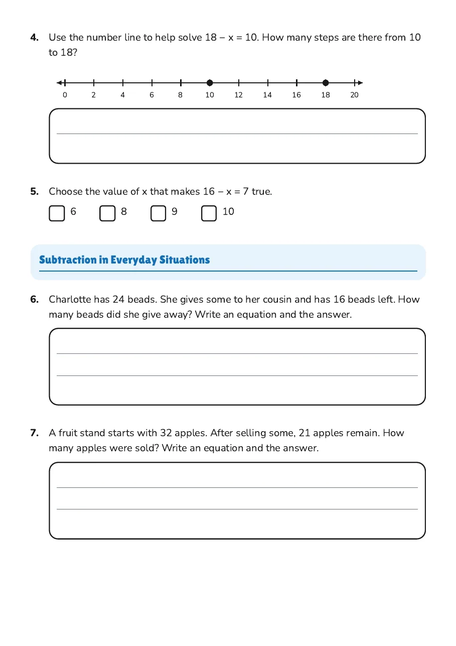 Solving Subtraction Equations, page 2 of 3: Subtraction in Everyday Situations