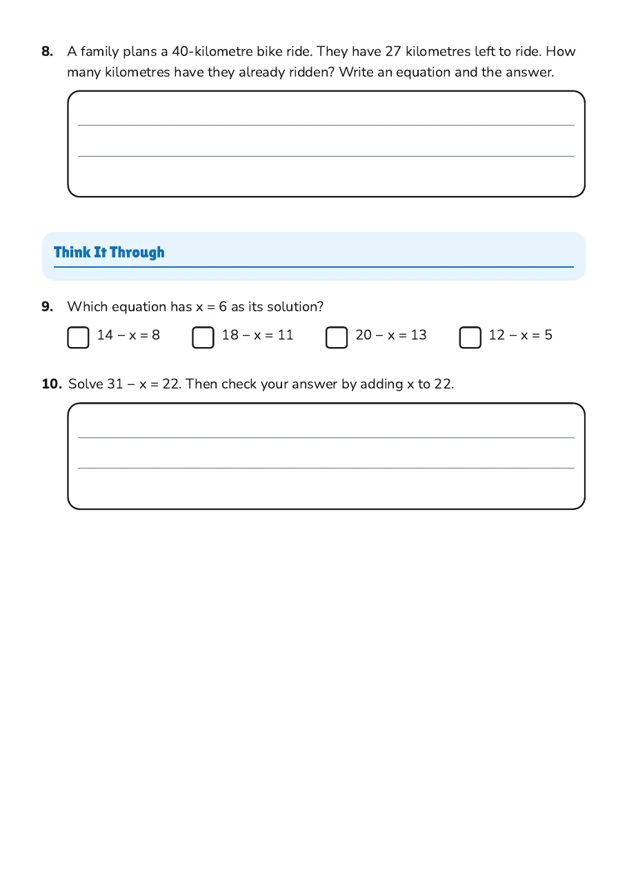 Solving Subtraction Equations, page 3 of 3: Think It Through