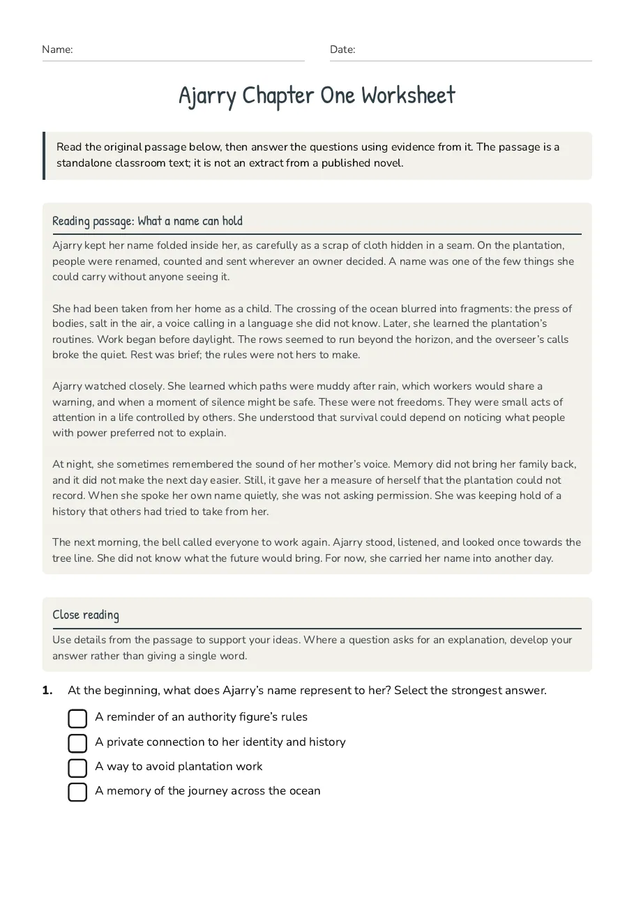 Ajarry Chapter One Worksheet, page 1 of 3: Reading passage: What a name can hold, Close reading