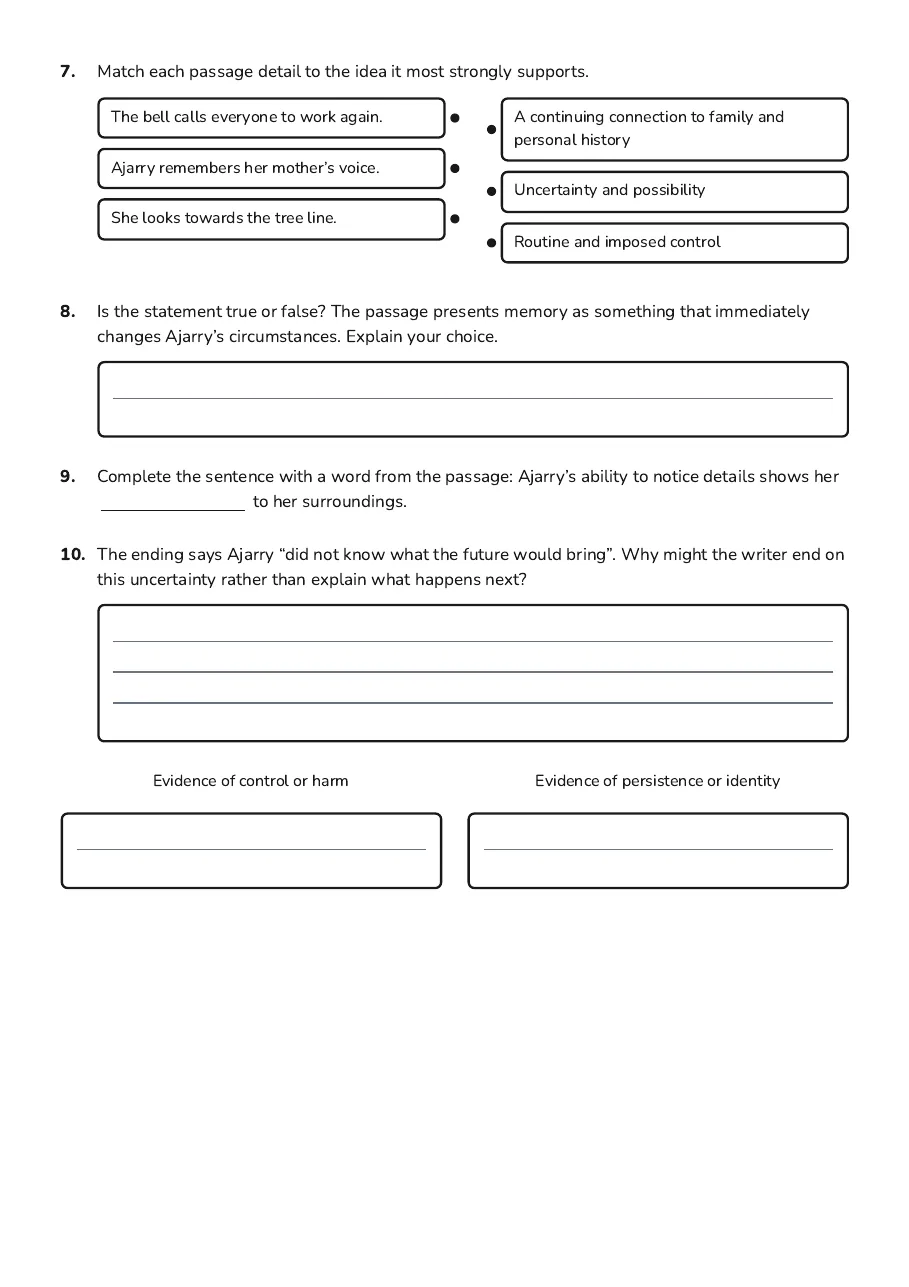 Ajarry Chapter One Worksheet, page 3 of 3: 7. Match each passage detail to the idea it most strongly supports.