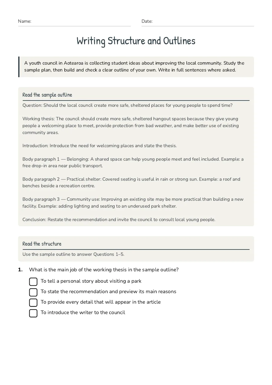 Writing Structure and Outlines, page 1 of 4: Read the sample outline, Read the structure