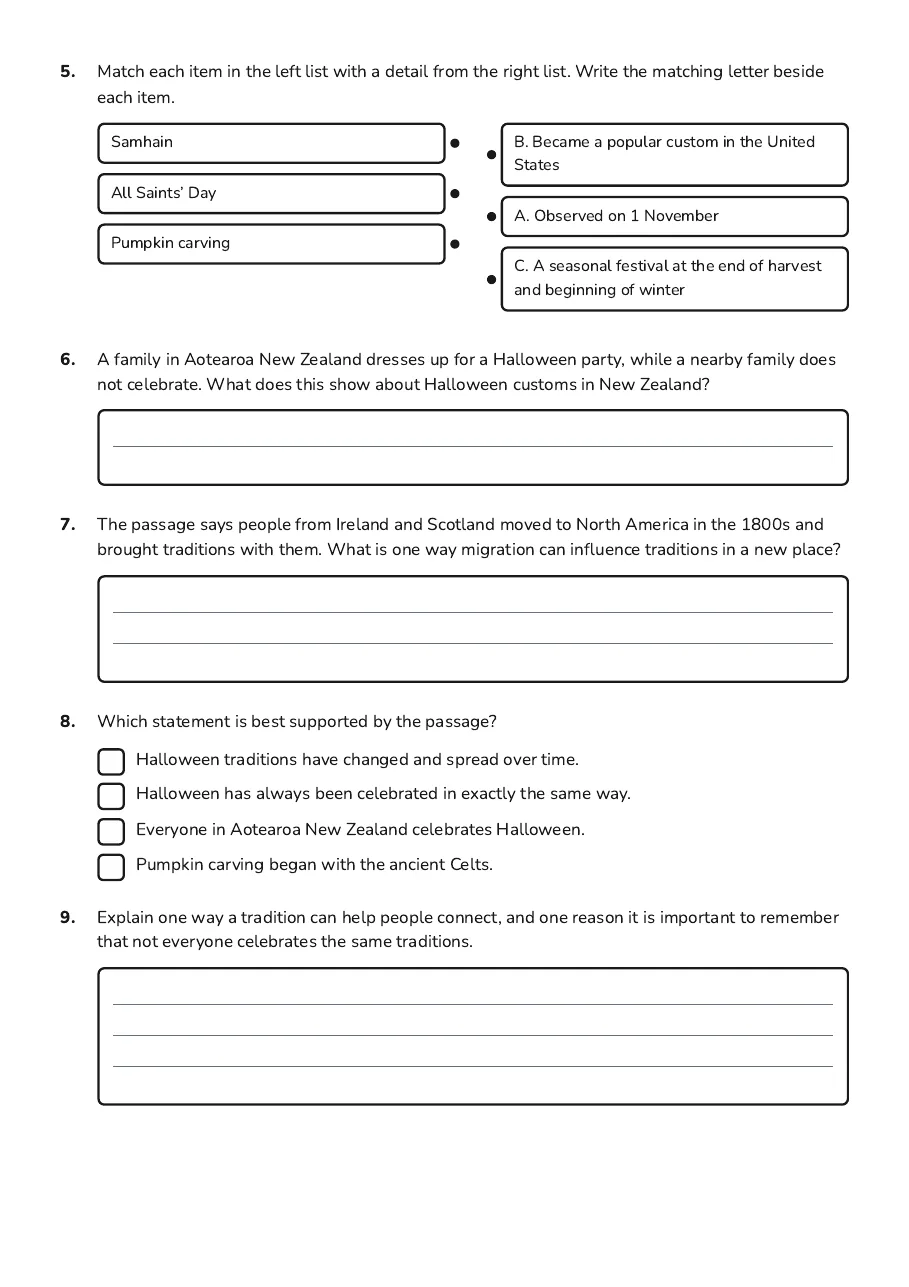 Halloween History and Traditions, page 2 of 3: 5. Match each item in the left list with a detail from the right list. Write the matching…