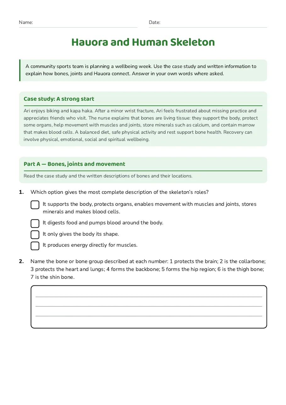 Hauora and Human Skeleton, page 1 of 3: Case study: A strong start, Part A — Bones, joints and movement