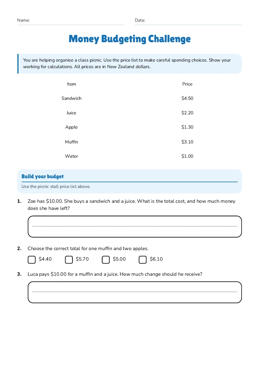 Money Budgeting Challenge, page 1 of 3: Build your budget