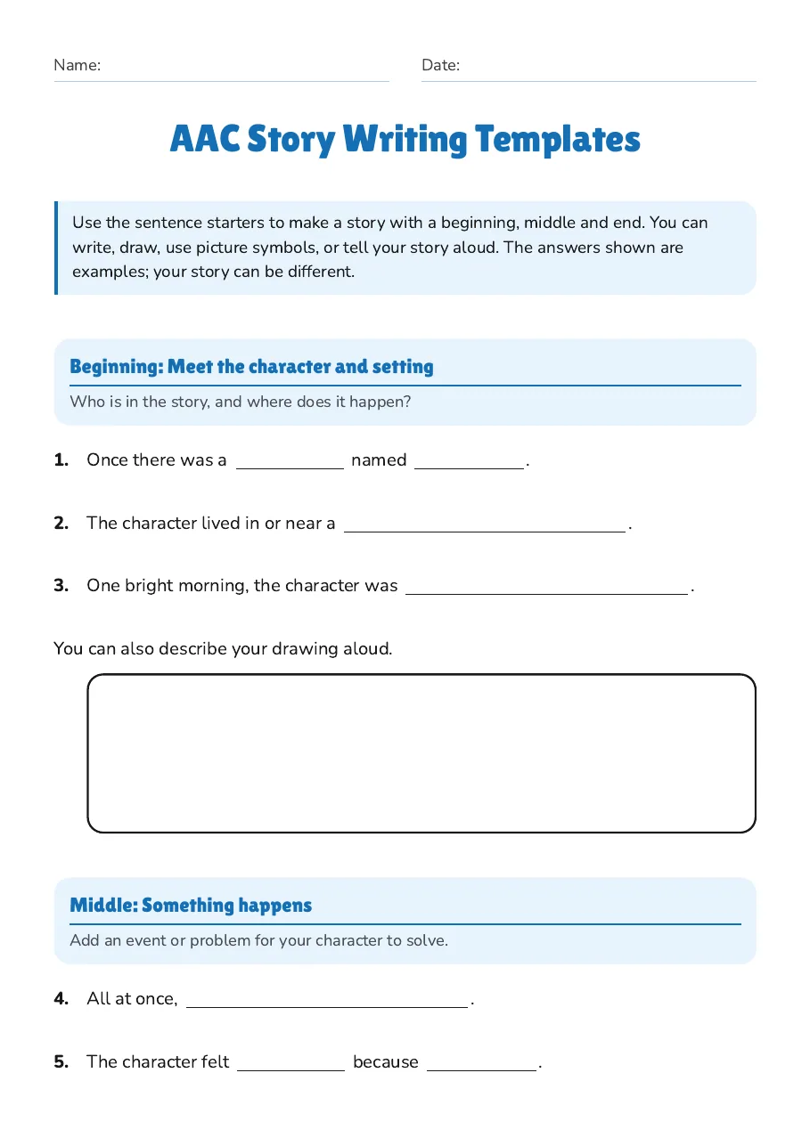 AAC Story Writing Templates, page 1 of 3: Beginning: Meet the character and setting, Middle: Something happens