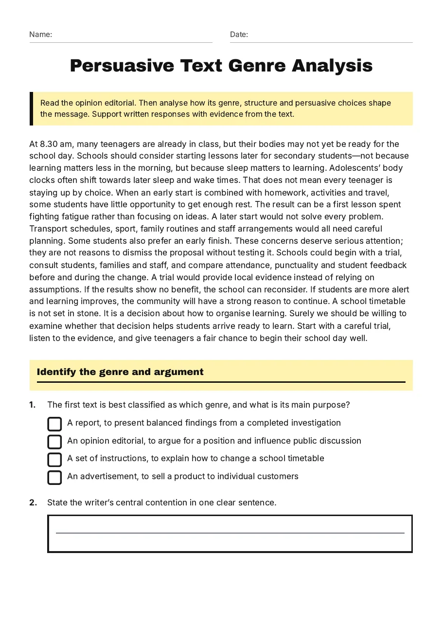 Persuasive Text Genre Analysis, page 1 of 3: Identify the genre and argument