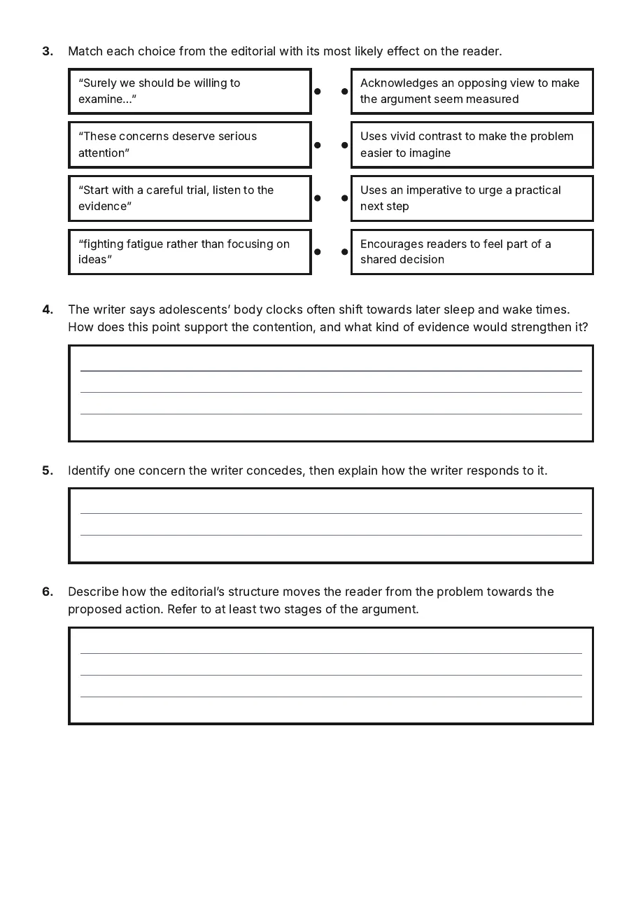 Persuasive Text Genre Analysis, page 2 of 3: 3. Match each choice from the editorial with its most likely effect on the reader.