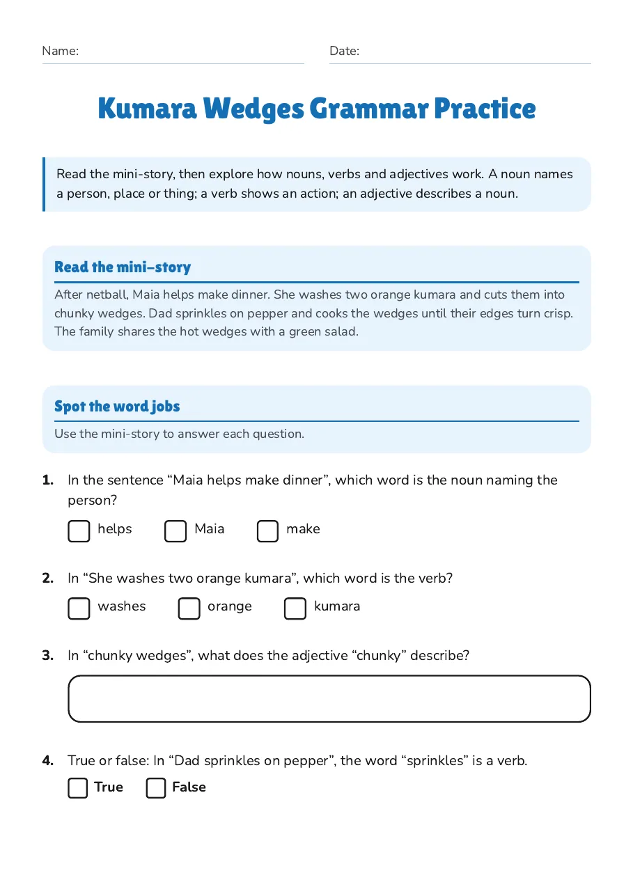 Kumara Wedges Grammar Practice, page 1 of 2: Read the mini-story, Spot the word jobs