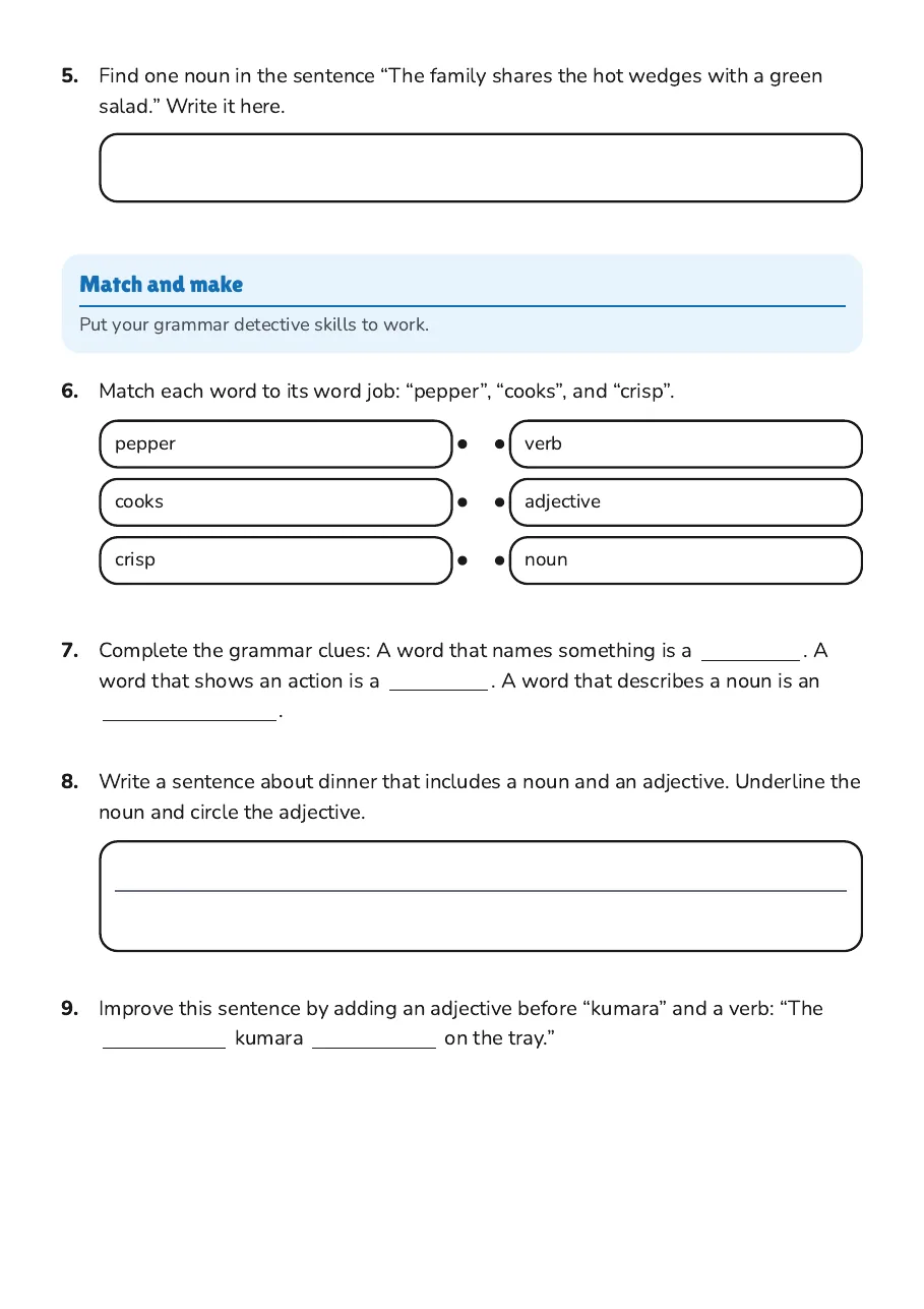 Kumara Wedges Grammar Practice, page 2 of 2: Match and make